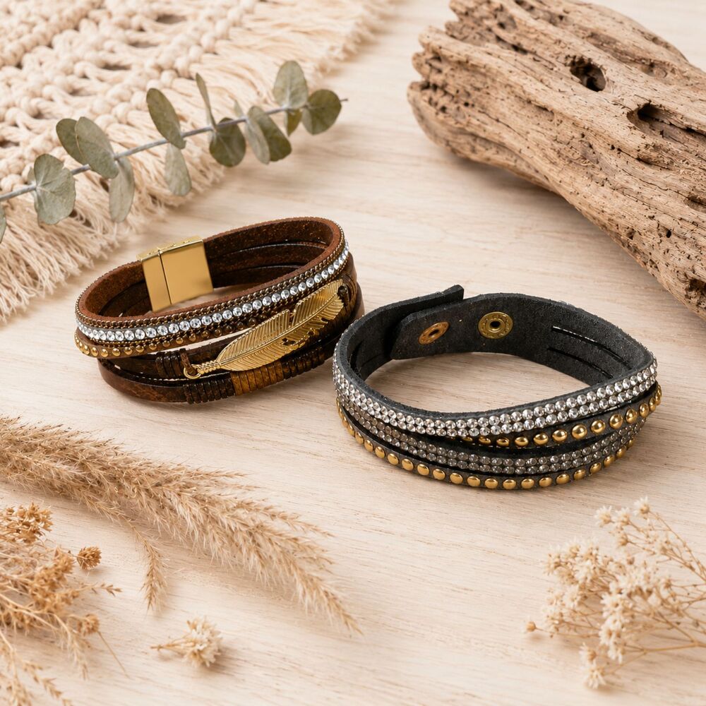 Brown Leather Rhinestone Stud Bracelet Set Feather Magnetic Snap
